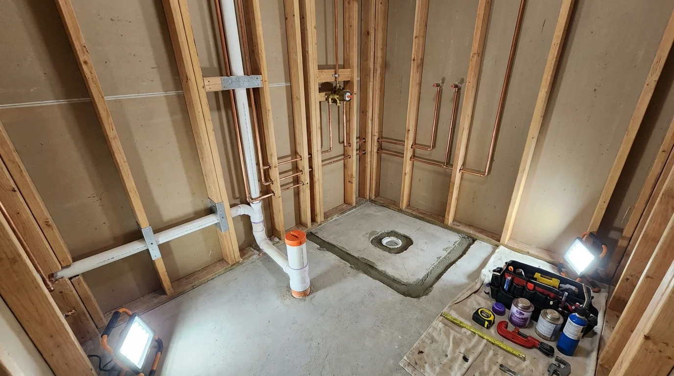 Bathroom rough-in plumbing during remodel by Johns Plumbing LLC in San Fernando