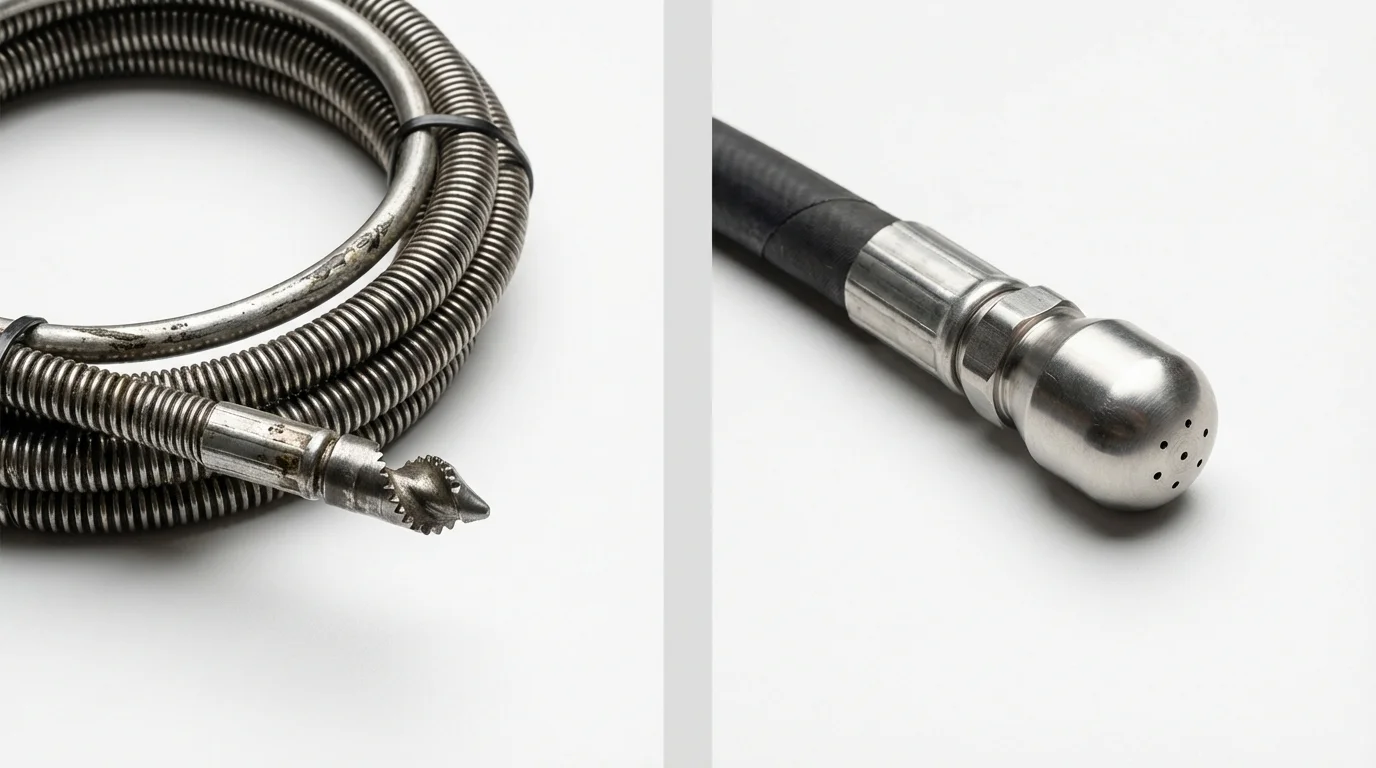 Drain snake cable and hydro jetting nozzle used for drain cleaning in San Fernando, CA