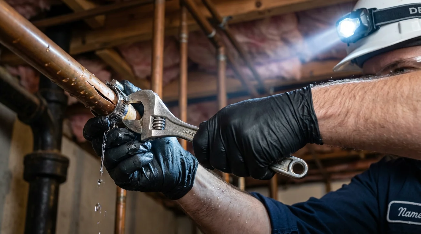 Emergency pipe clamp repair being performed by a Johns Plumbing LLC plumber in San Fernando