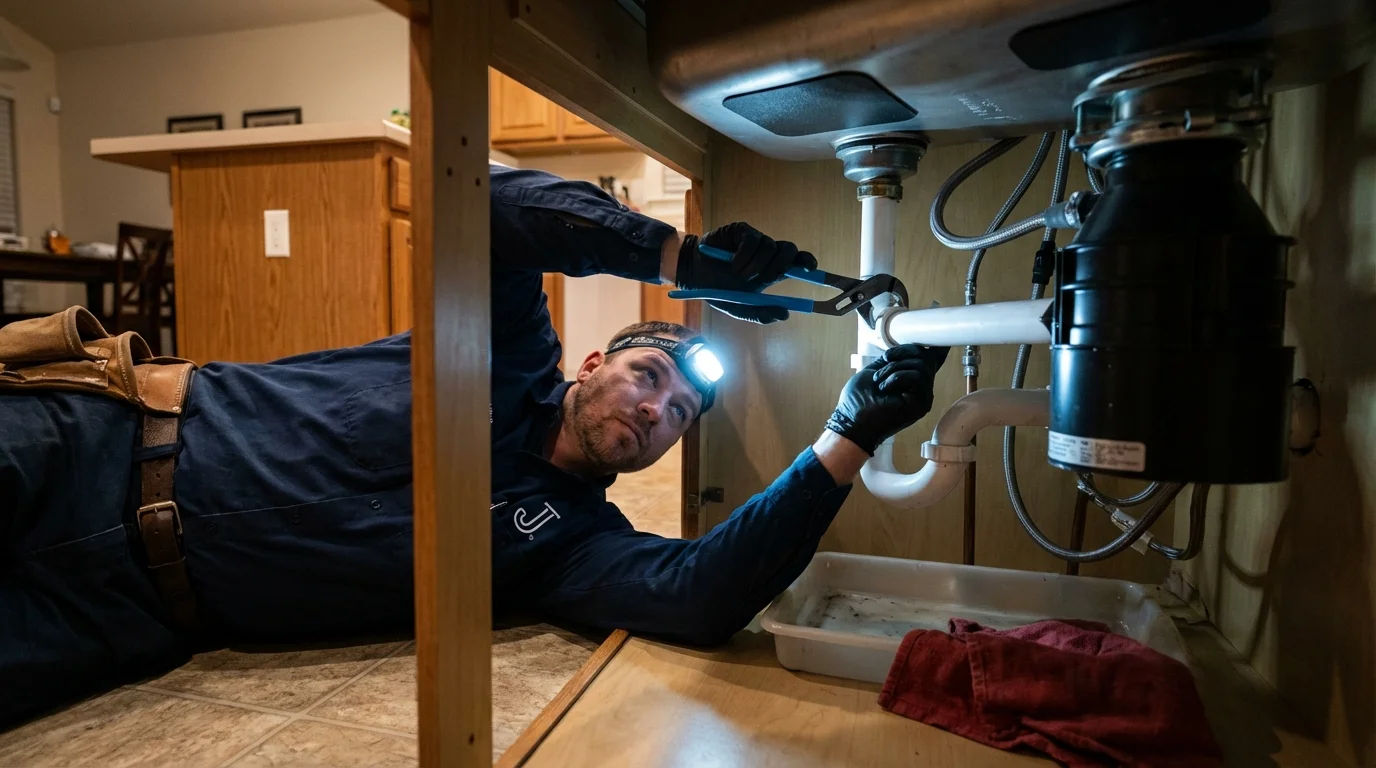 P-trap and supply line connections under a kitchen sink showing a common leak point in San Fernando, CA